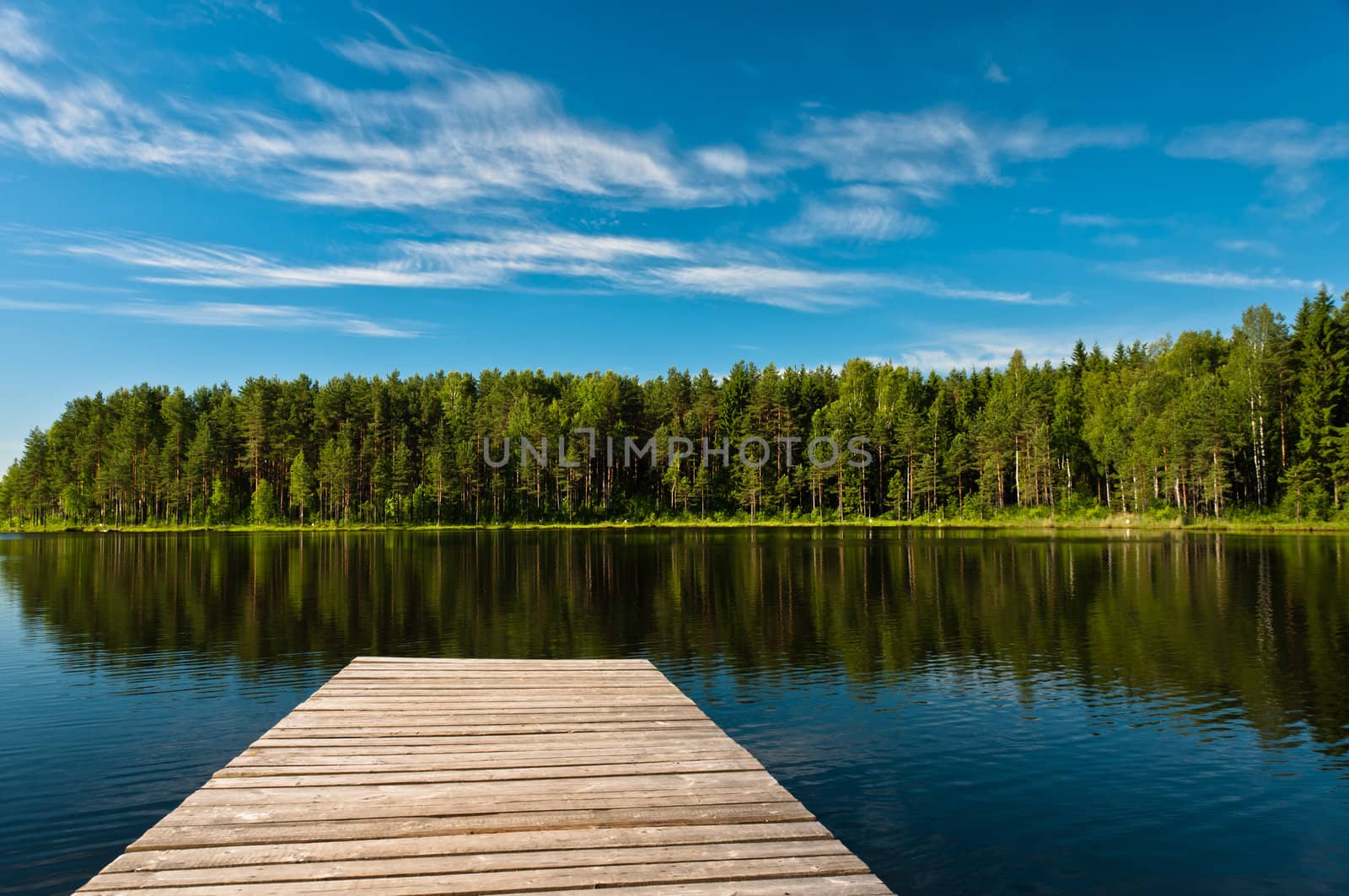Wooden pier on lake scene by dmitryelagin