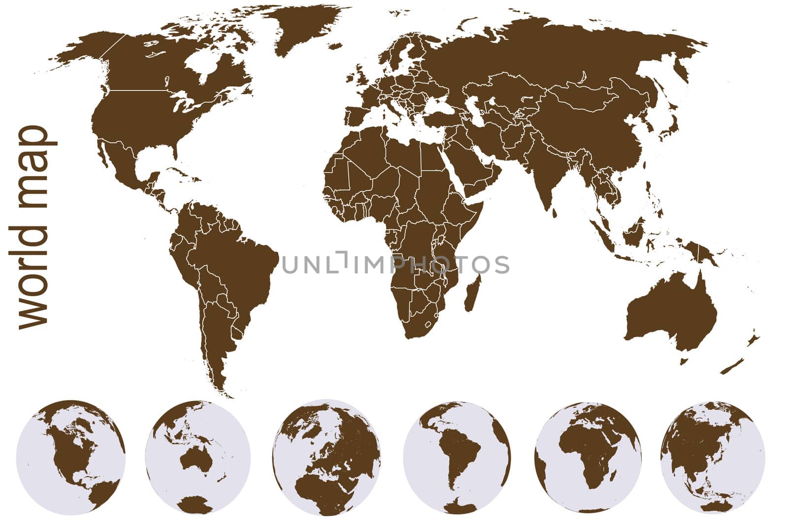 Brown world map with Earth globes