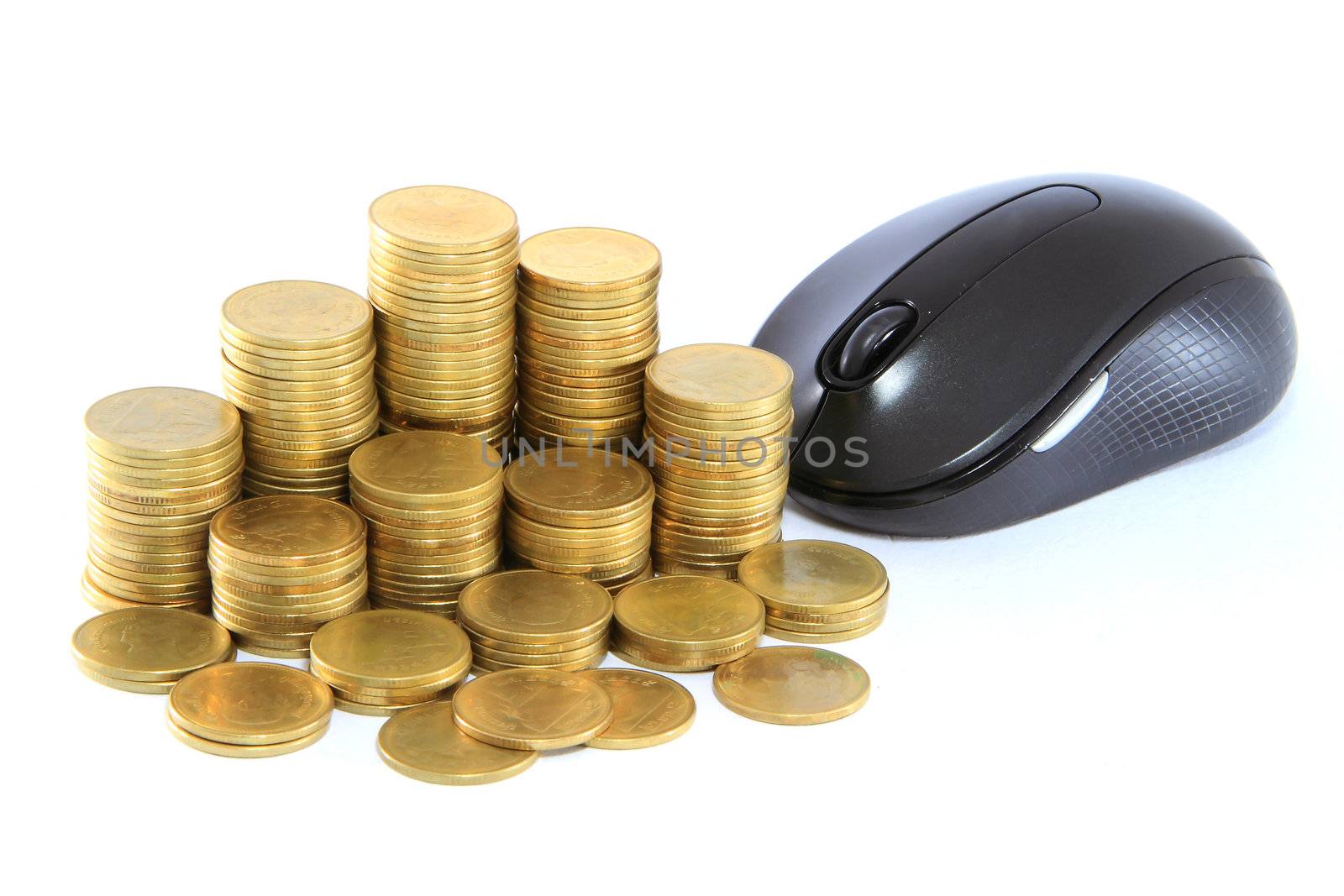 black computer mouse and golden coin