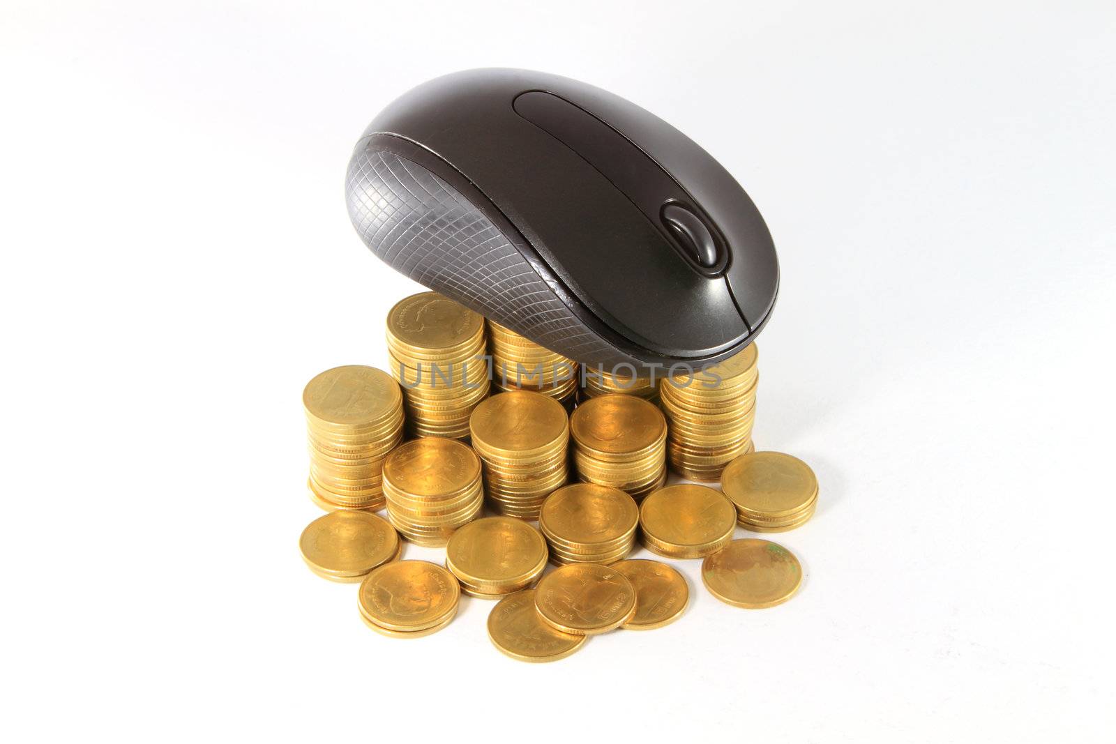 black computer mouse and golden coin