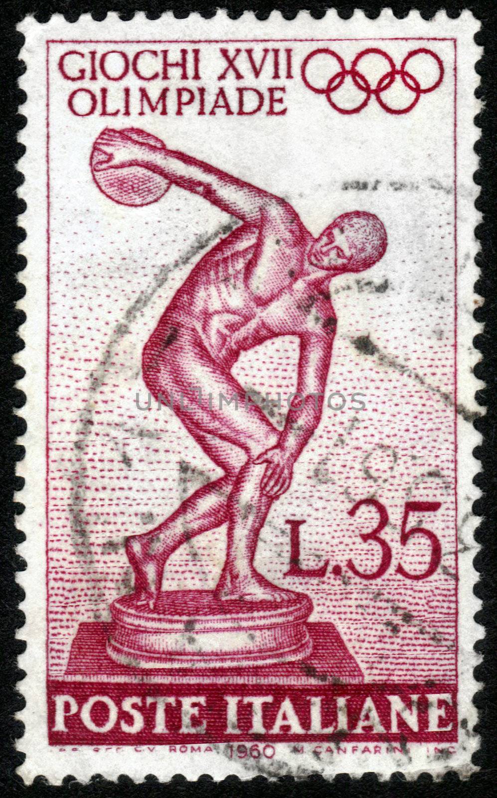 ITALY - CIRCA 1960: A stamp printed in Italy, shows image of Myron's Discobolus , devoted to 17th Olympic Games, Rome, Italy , circa 1960
