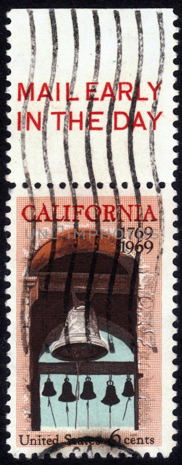 UNITED STATES OF AMERICA - CIRCA 1969: stamp printed in USA, shows Carmel  Belfry at the Basilica of Mission San Carlos Borromeo del Rio Carmelo - Carmel California , circa 1969