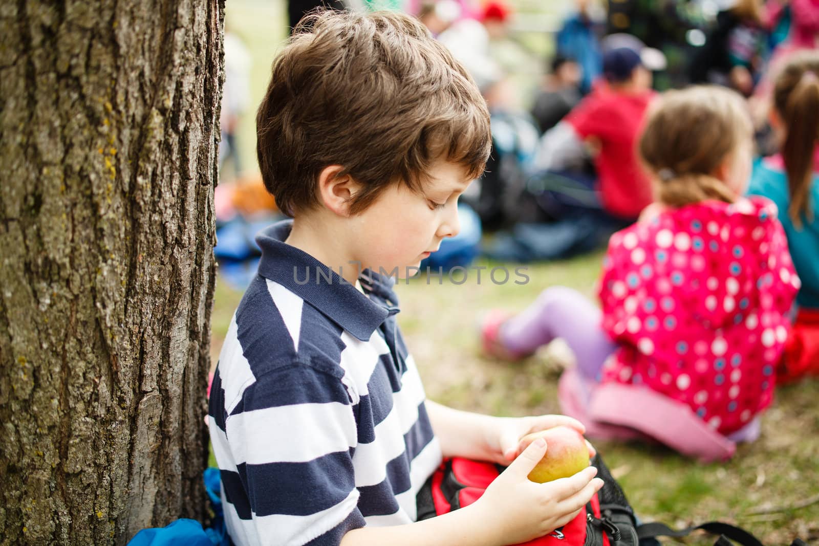 Boy sitting by a tree eating an apple on a school trip