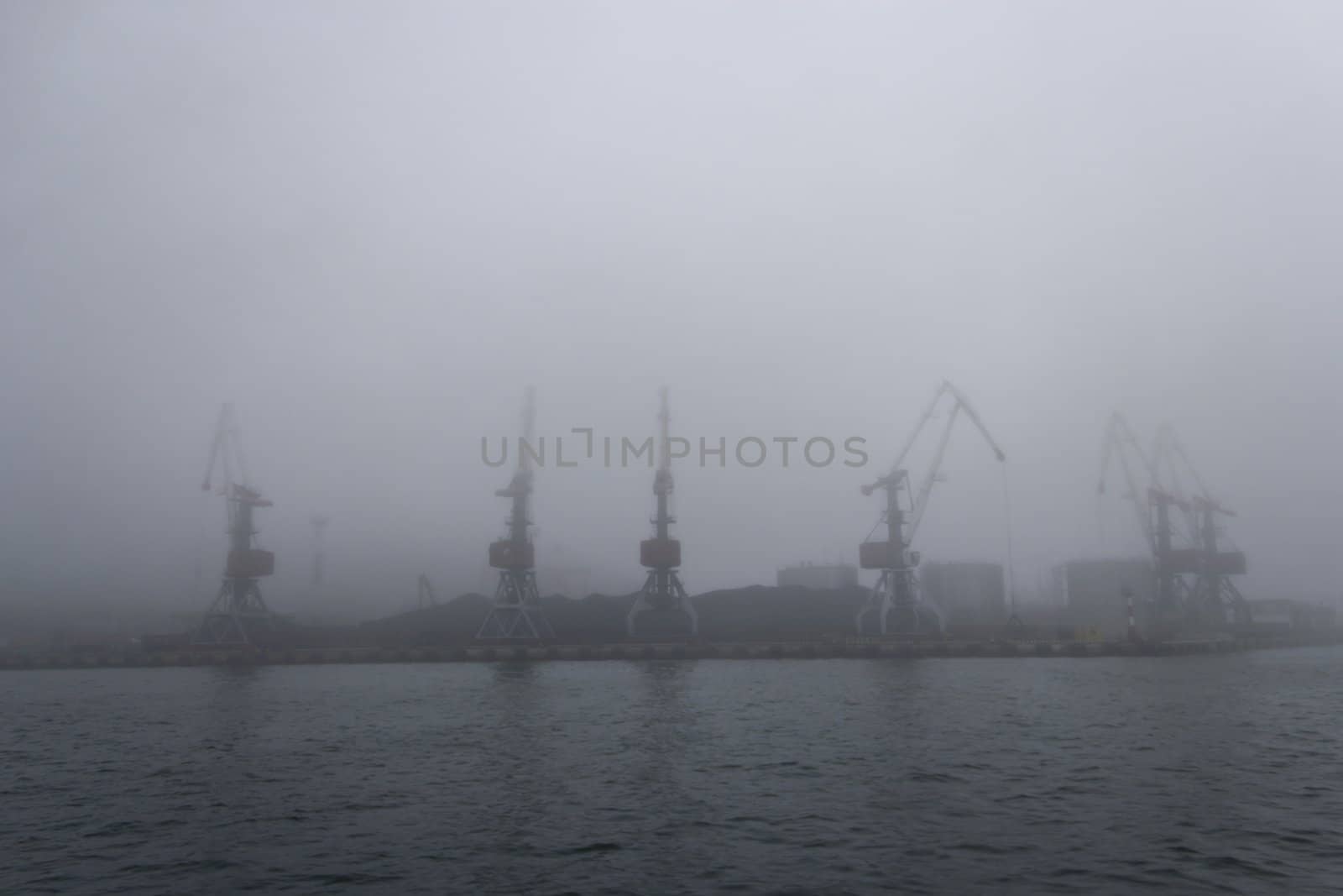 Seaport in a fog early in the morning