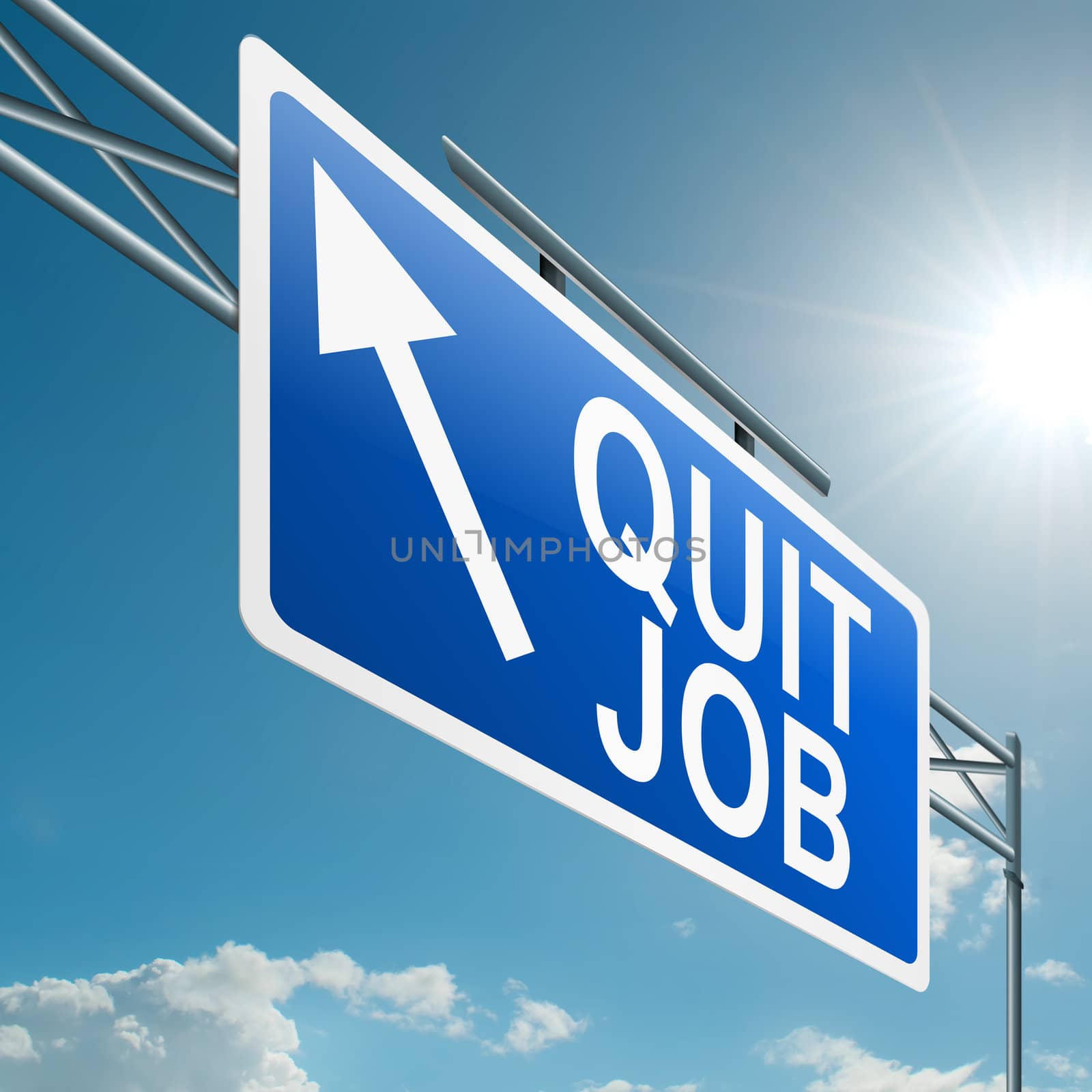 Illustration depicting a highway gantry sign with a quit job concept. Blue sky background.