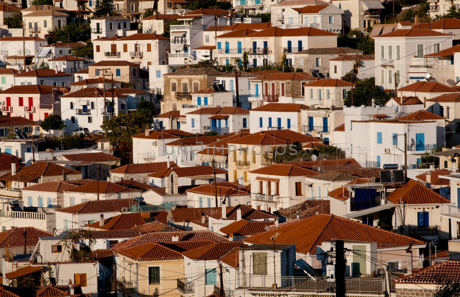 View of traditional greek houses on Poros Island, Greece