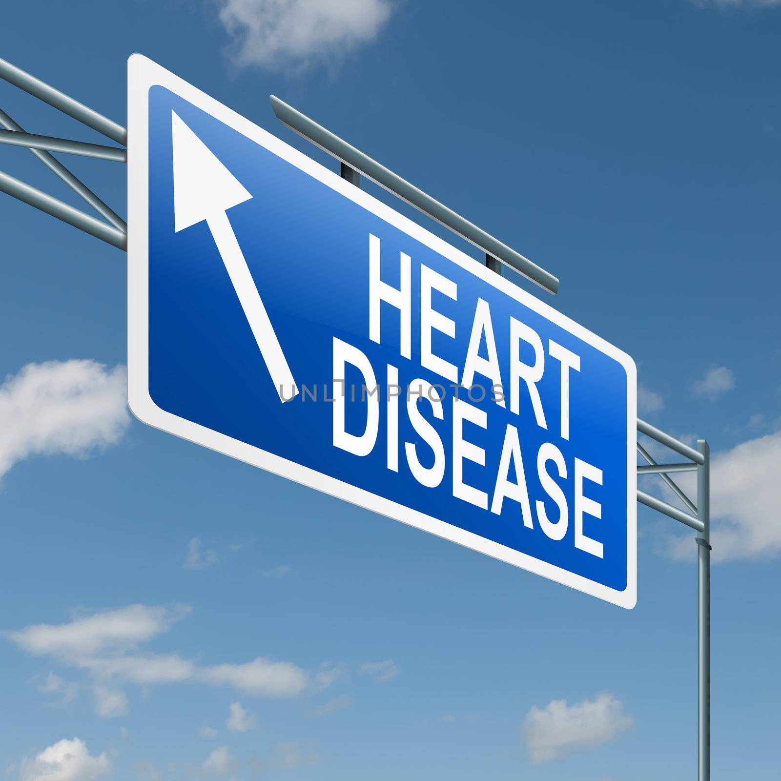 Illustration depicting a highway gantry sign with a heart disease concept. Blue sky background.