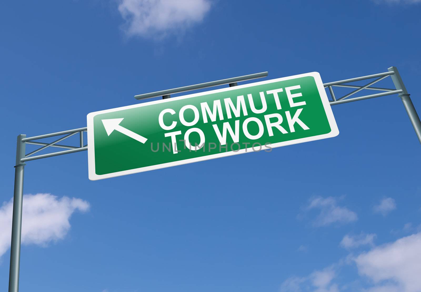 Illustration depicting a highway gantry sign with a commuting concept. Blue sky background.
