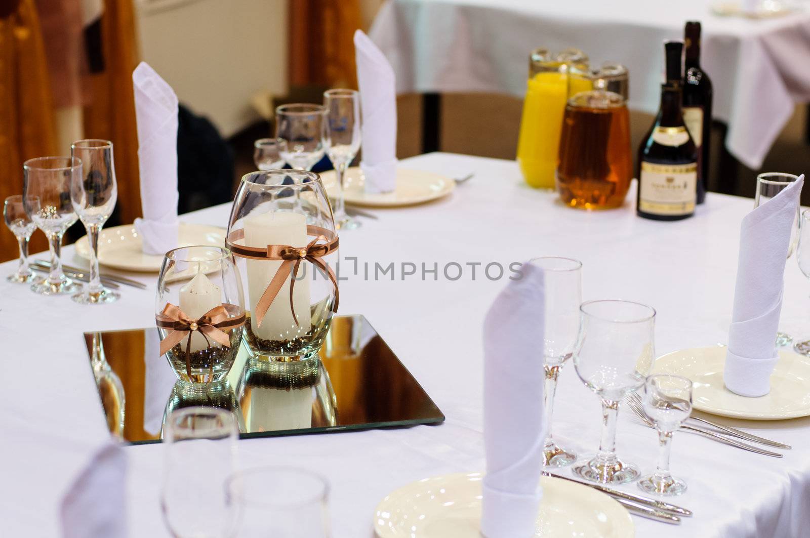 Festive table setting for wedding or other event