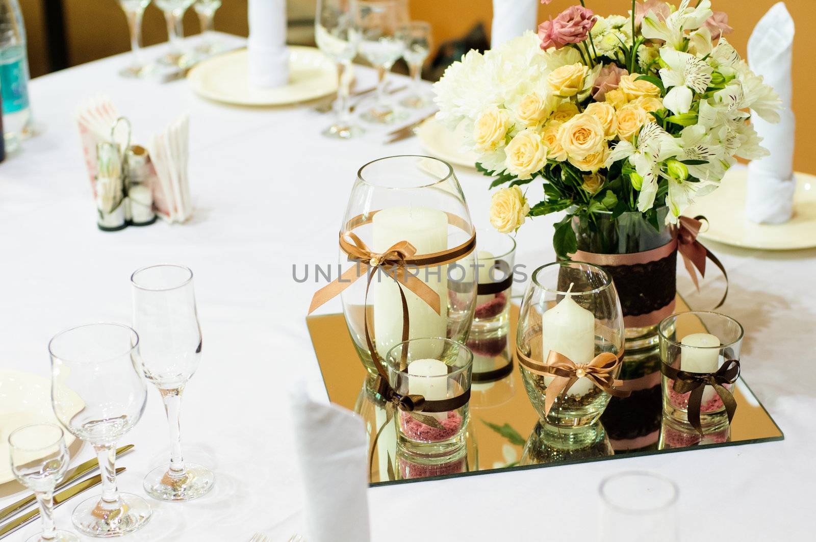 Festive table setting for wedding or other event