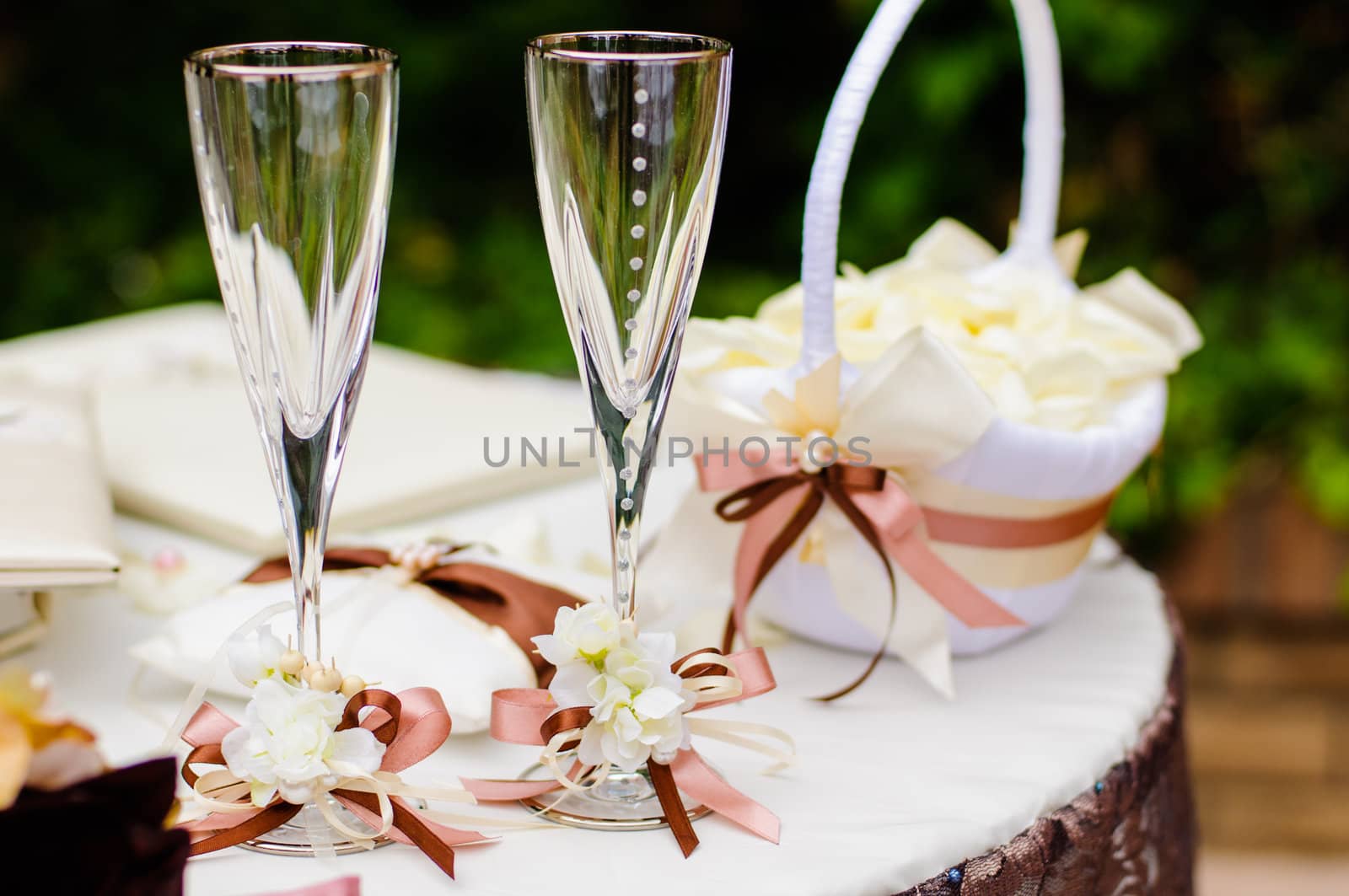 Pair of wedding wineglasses on the table