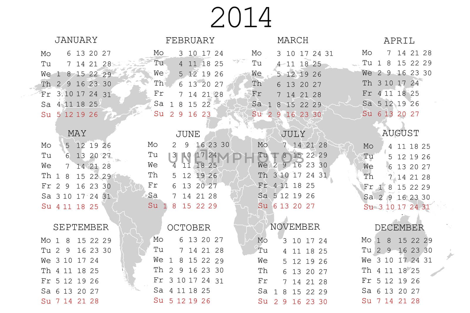 2014 Calendar with world map