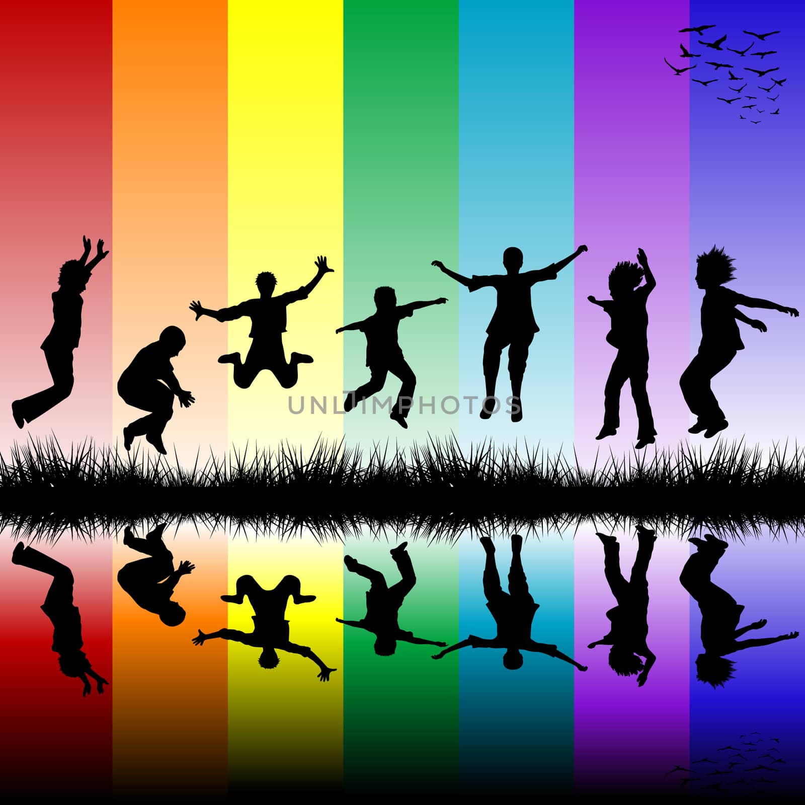 Group of children jumping over a rainbow striped background by hibrida13