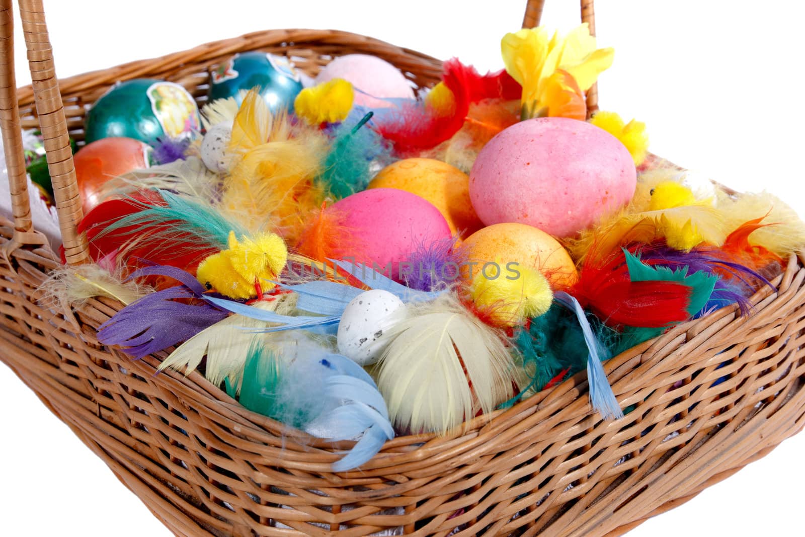 Basket with easter eggs on white background