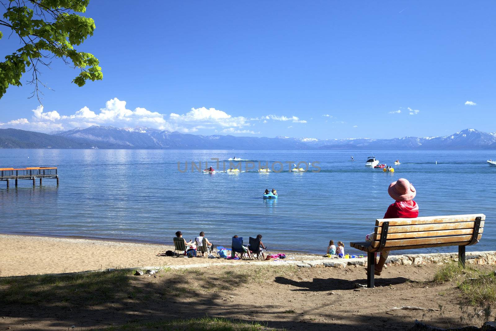 Beach activities and Lake Tahoe scenic view, California.