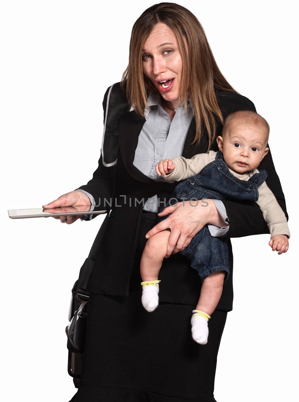Working Hispanic mother with baby over white background
