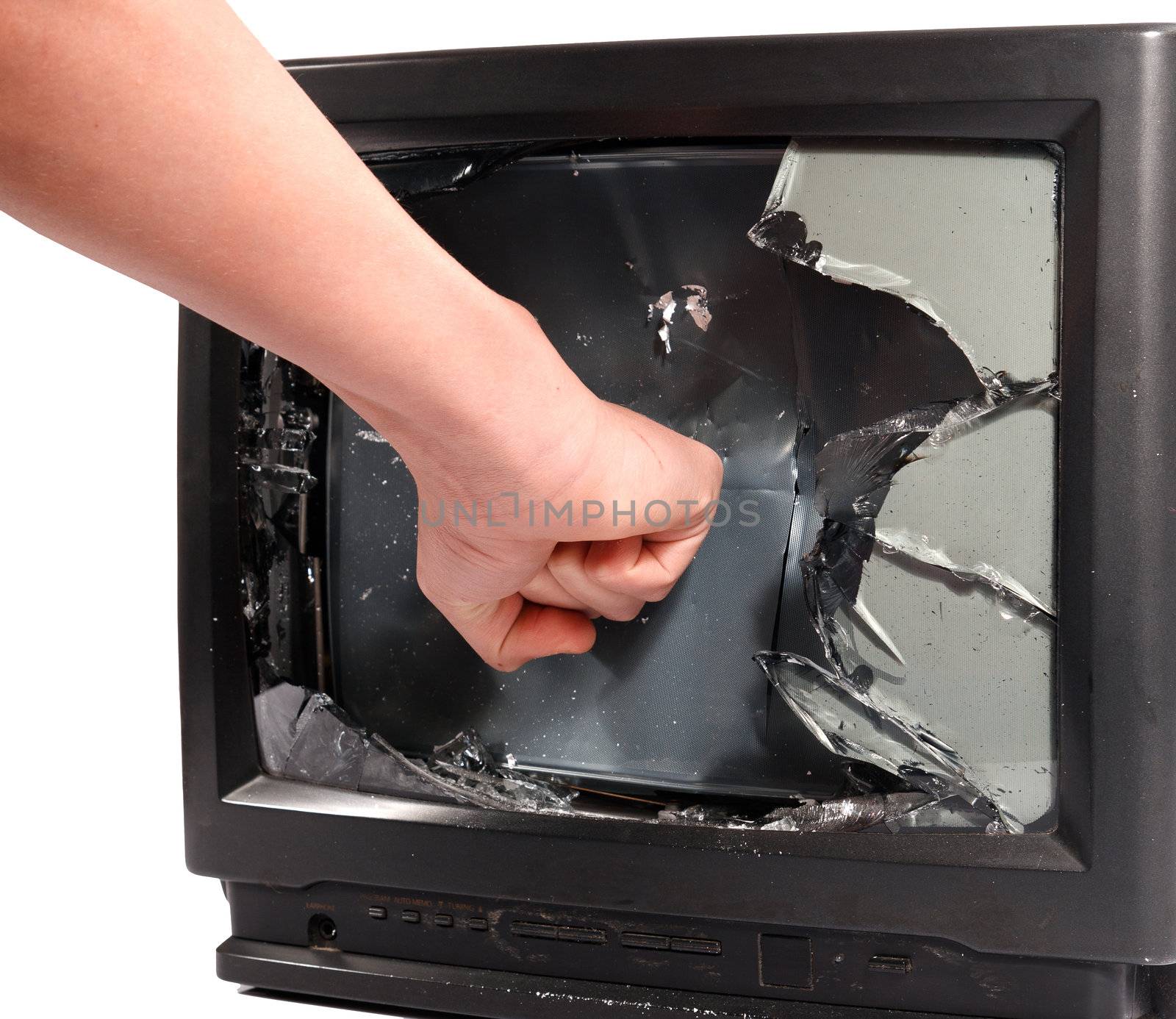 man's hand crush old television screen