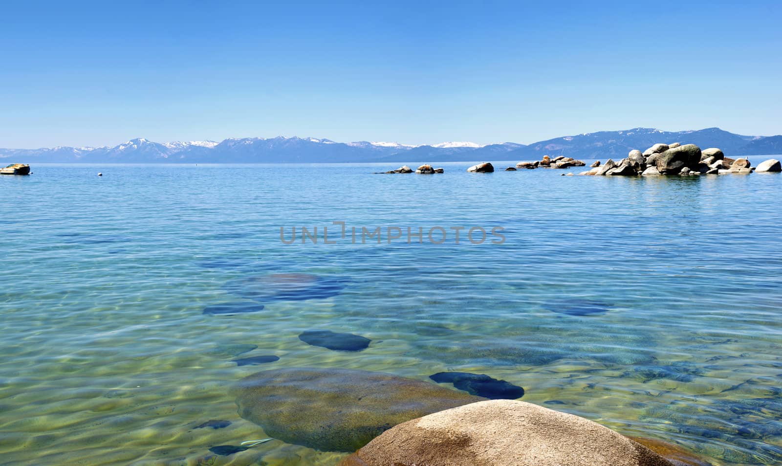 Lake Tahoe panorama rocks and mountains, CA.