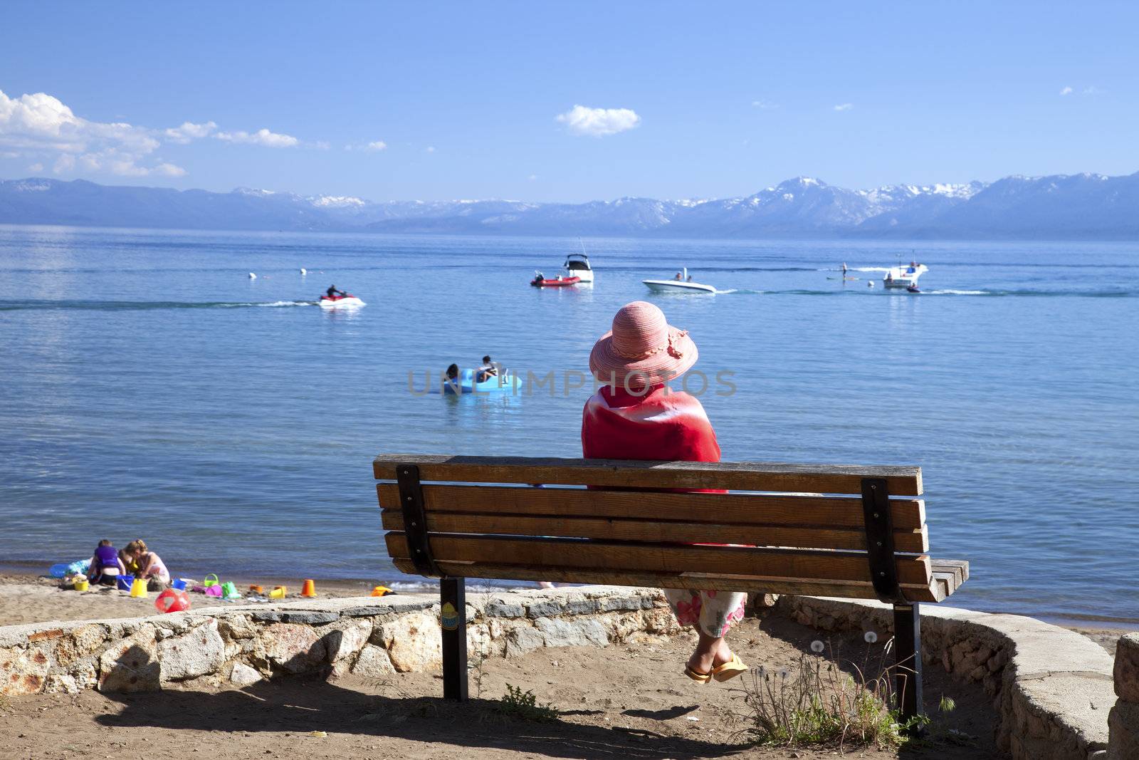 Activities and leisure on the beach and lake, Lake Tahoe CA.