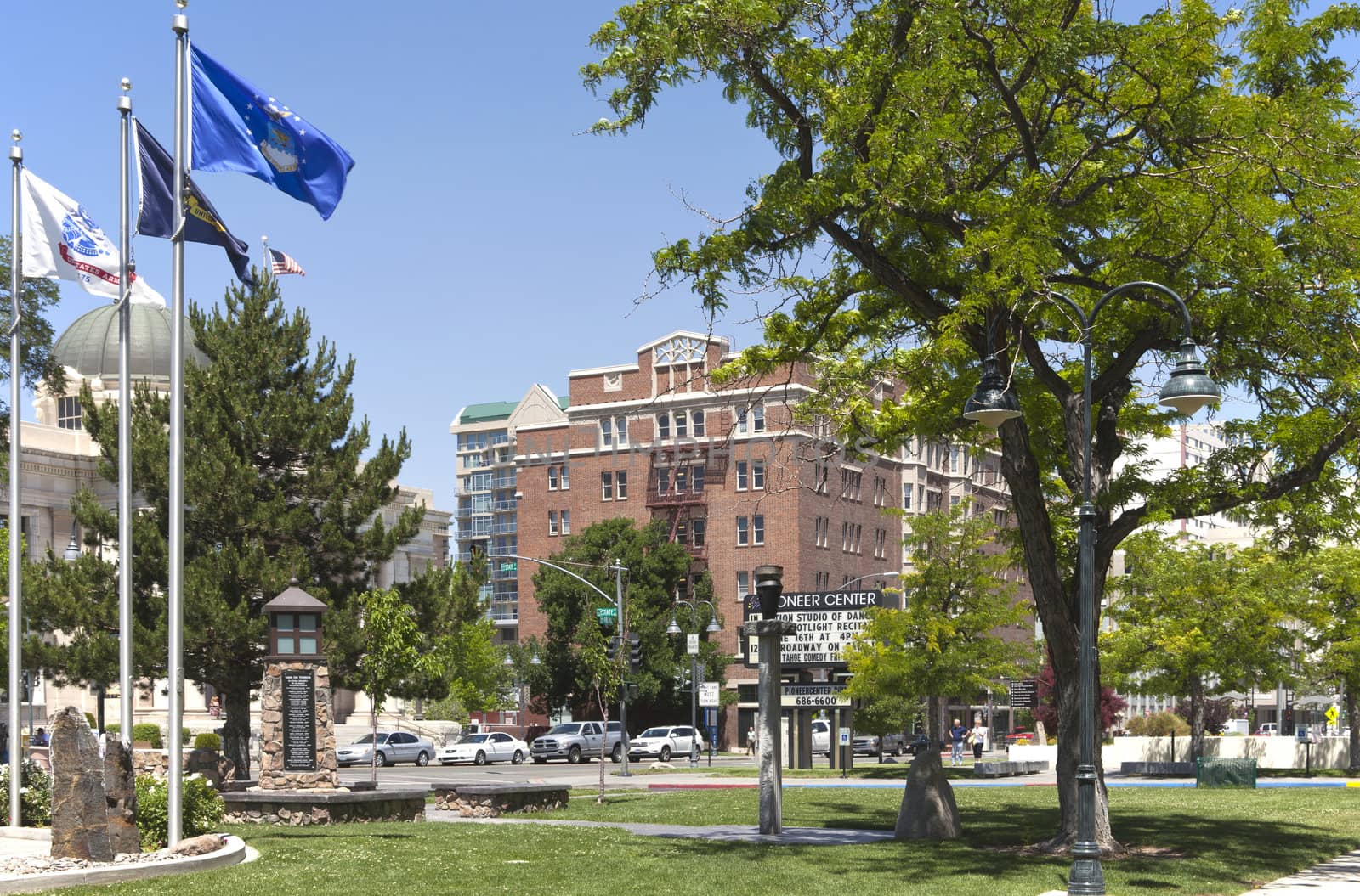 Downtown street scene Pioneer center Reno Nevada.