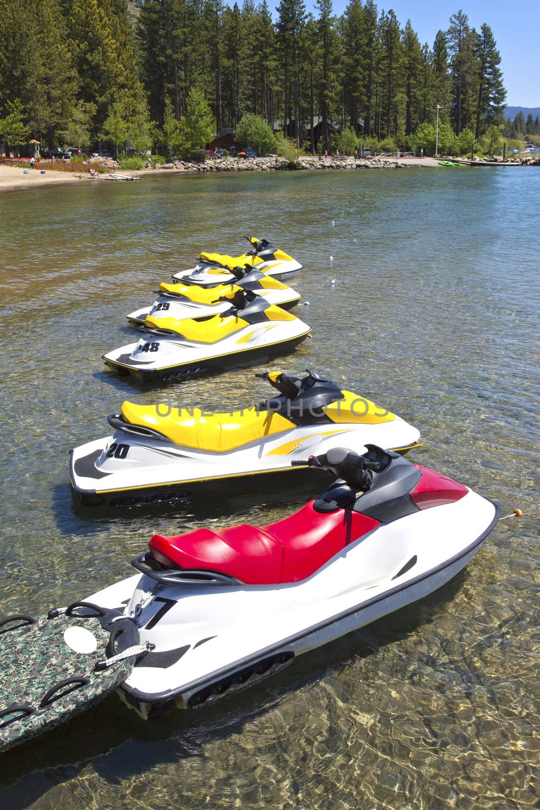 Water scooters at a ready for customers in Lake Tahoe, CA.