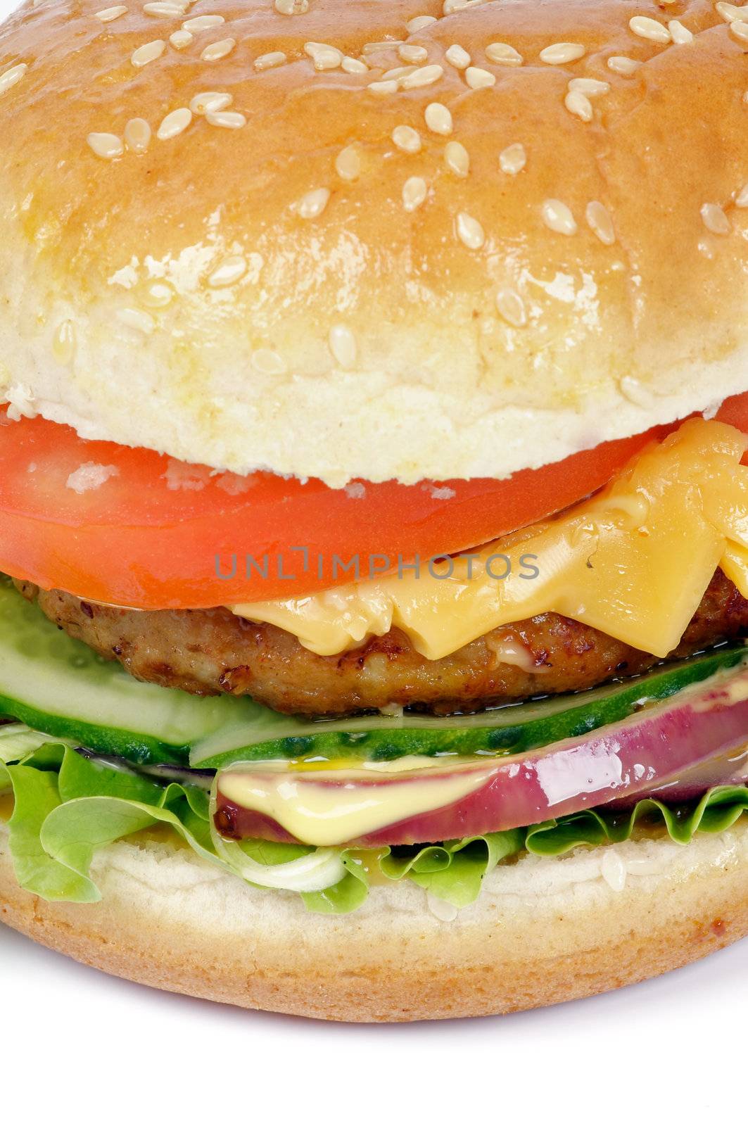 Tasty Hamburger with beef, tomato, letucce and cheese closeup clipping path