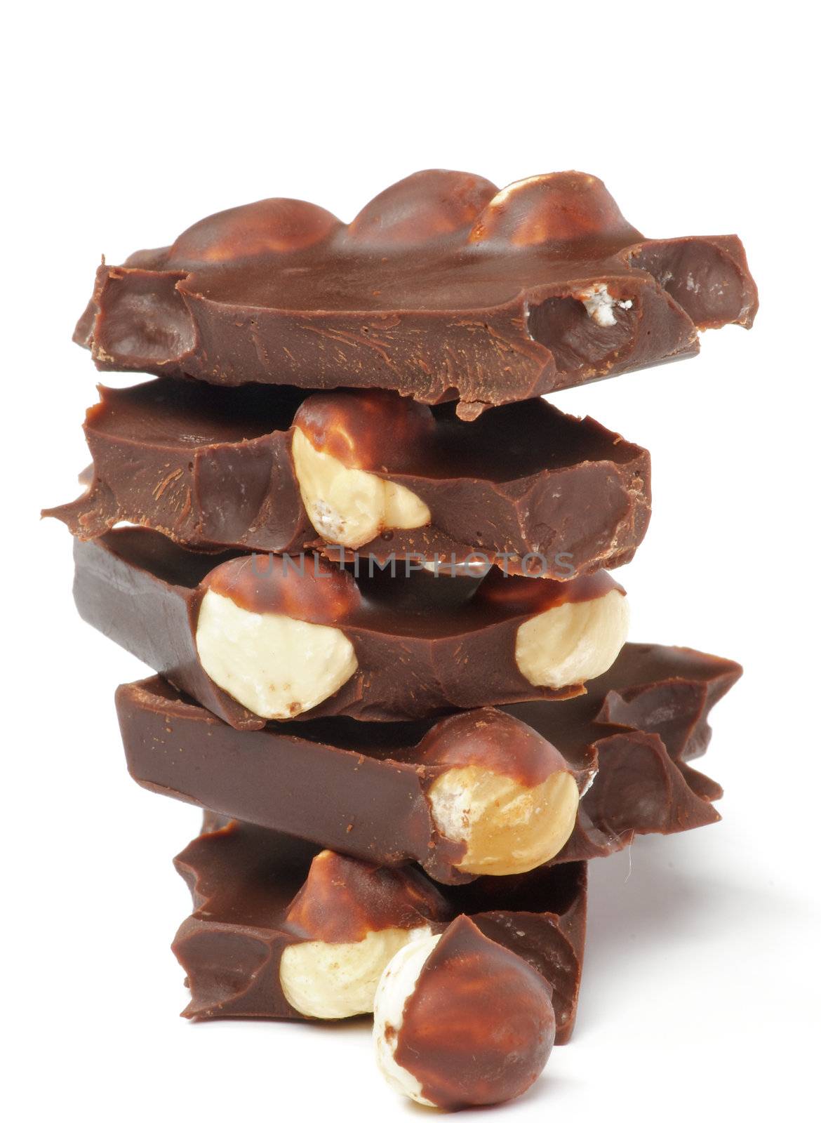 Stack of Dark Chocolate with Hazelnut isolated isolated on white background