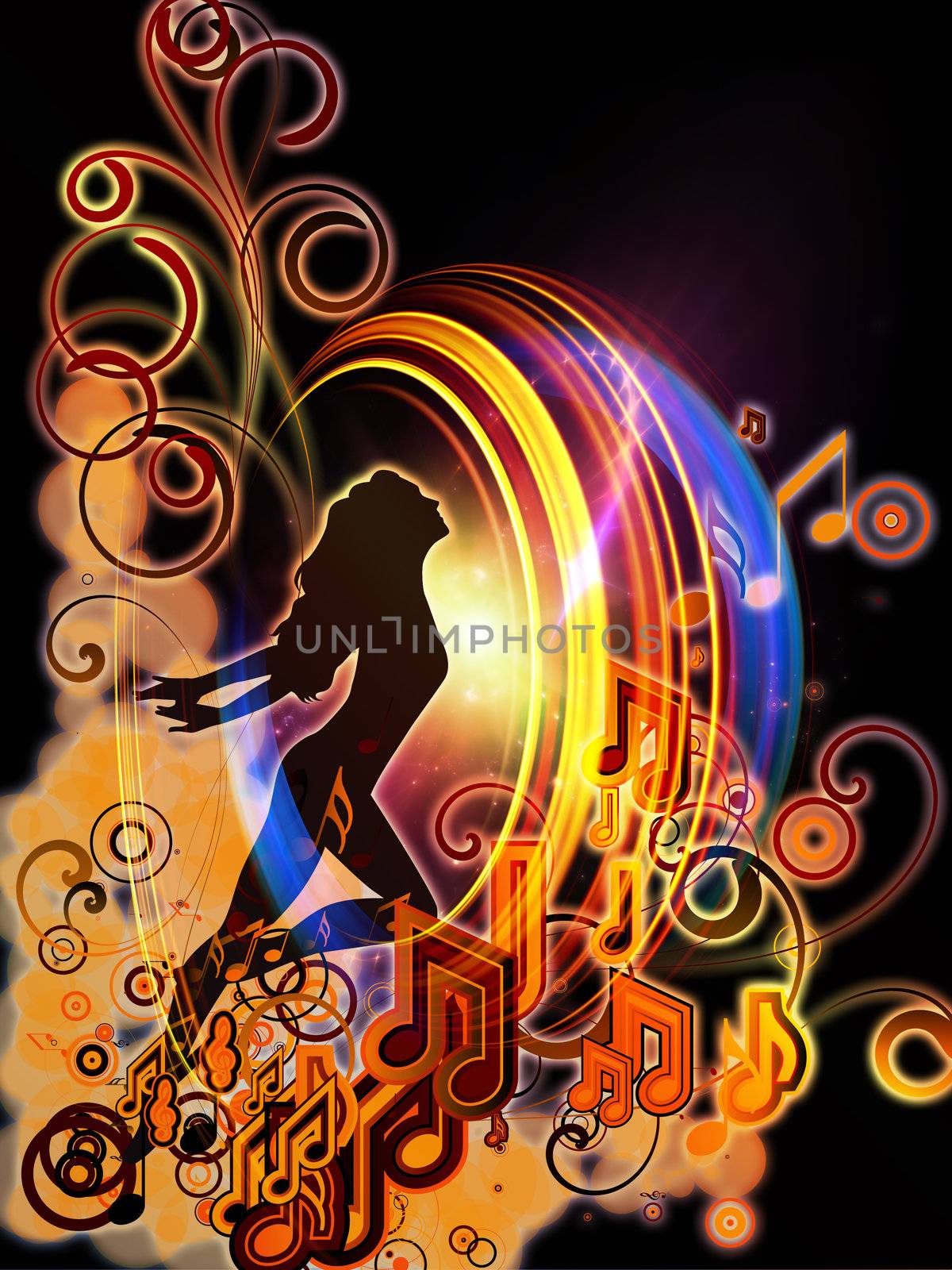 Backdrop of  girl silhouette, notes, lights and abstract design elements to complement your design on the subject of music, song, performance and dance