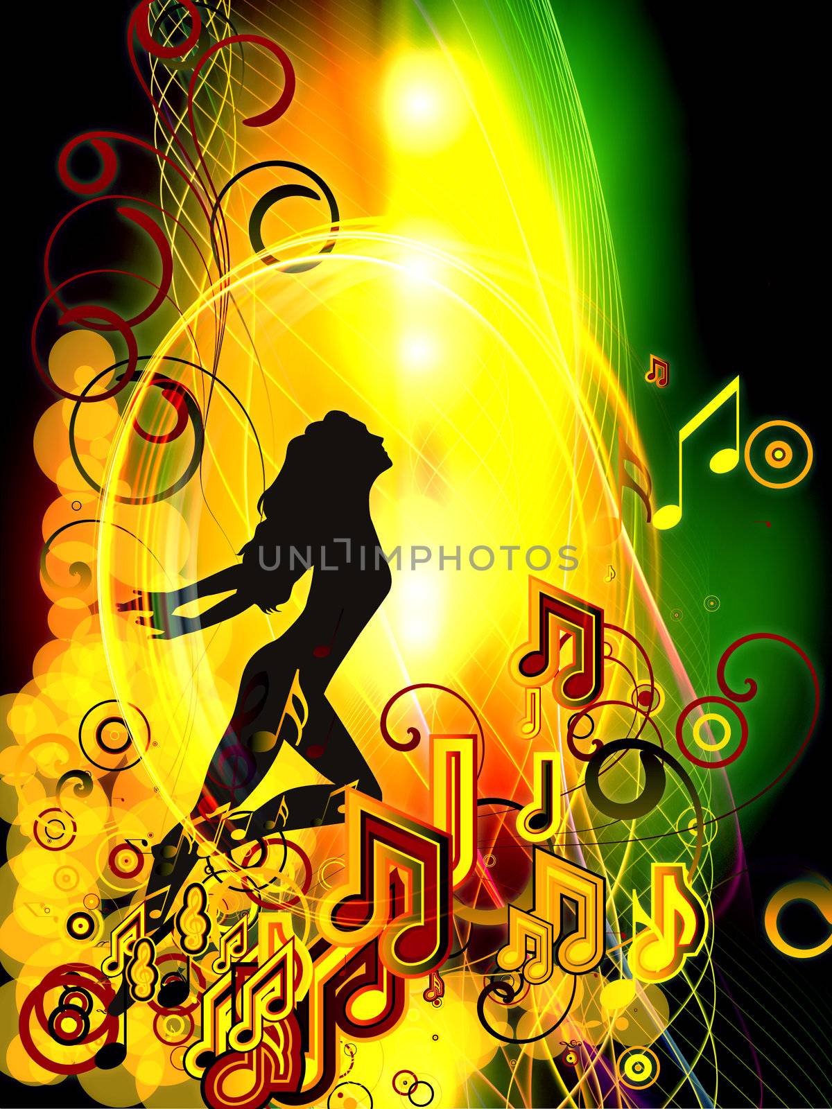 Composition of  girl silhouette, notes, lights and abstract design elements to serve as a supporting backdrop for projects on music, song, performance and dance