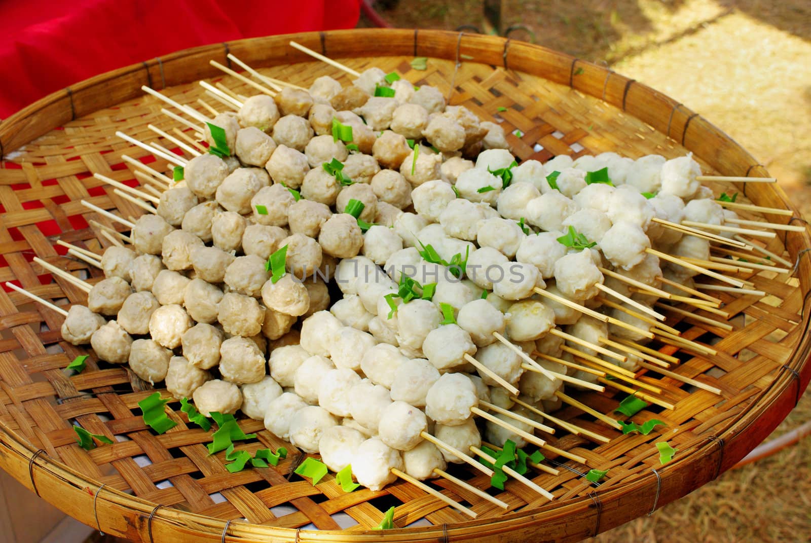 Meat ball in bamboo tray, Thai food