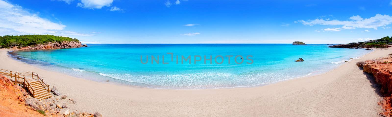 Cala Nova beach in Ibiza island panoramic with turquoise water in Balearic Mediterranean