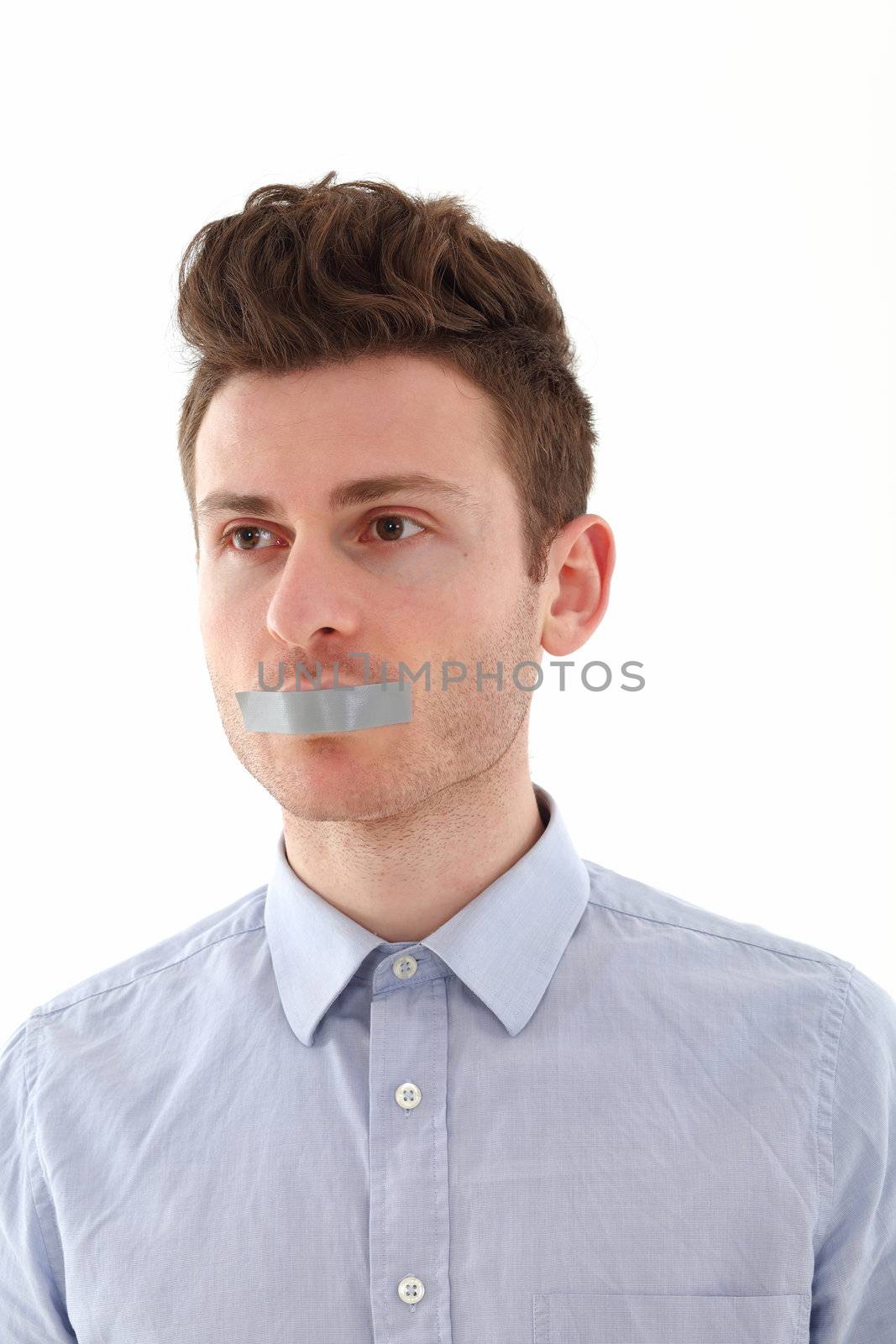 Young man with tape for censorship