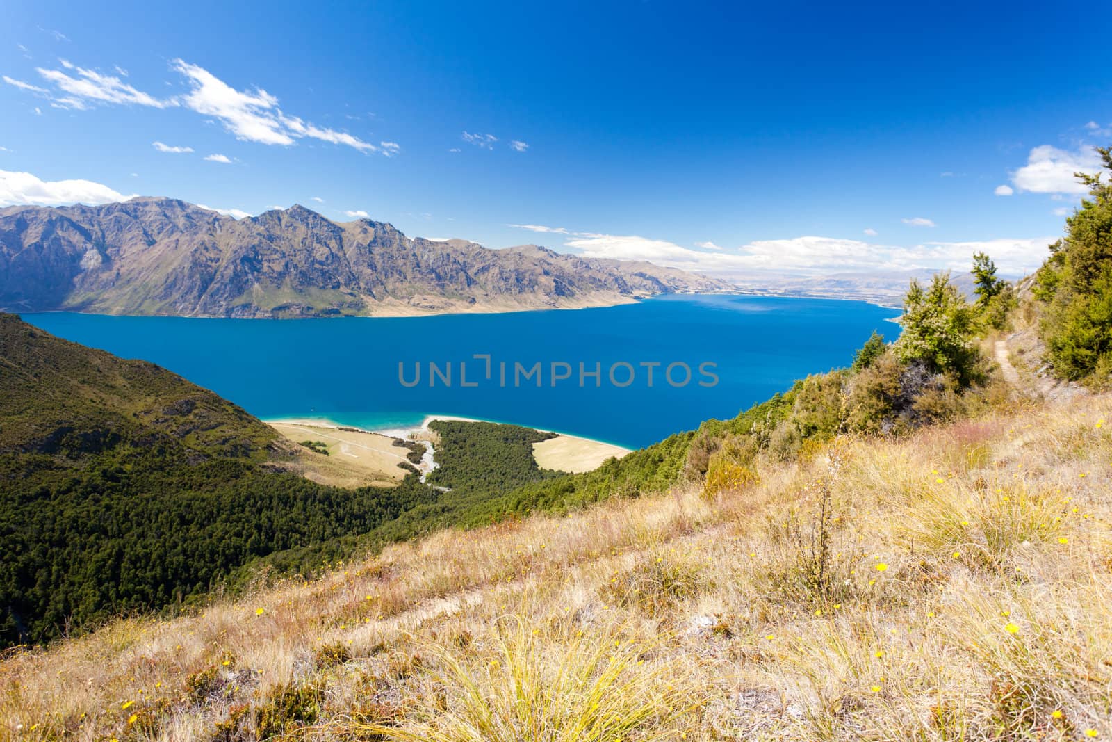 Vivid blue surface of big mountain Lake Hawea, Central Otago, New Zealand