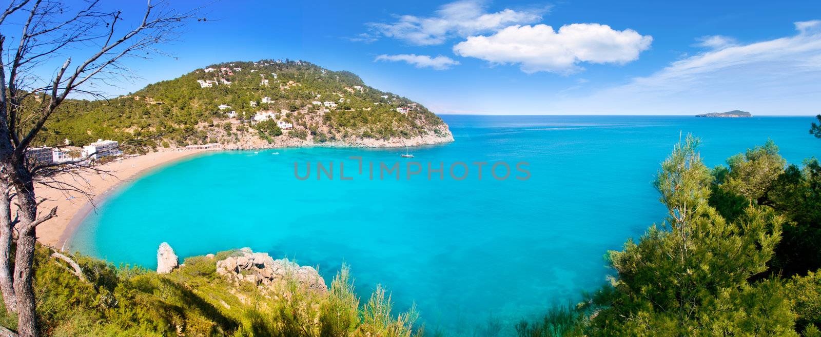 Aerial view of Caleta de Sant Vicent in Ibiza island cala de san Vicente