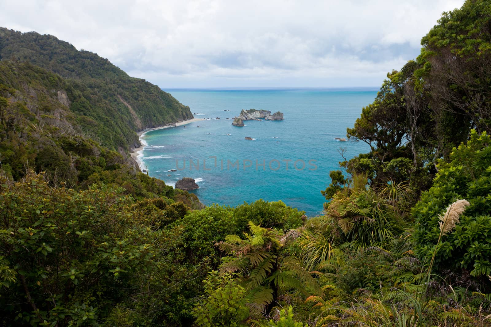 Unusual calm Tasman Sea at West Coast of South Island of New Zealand