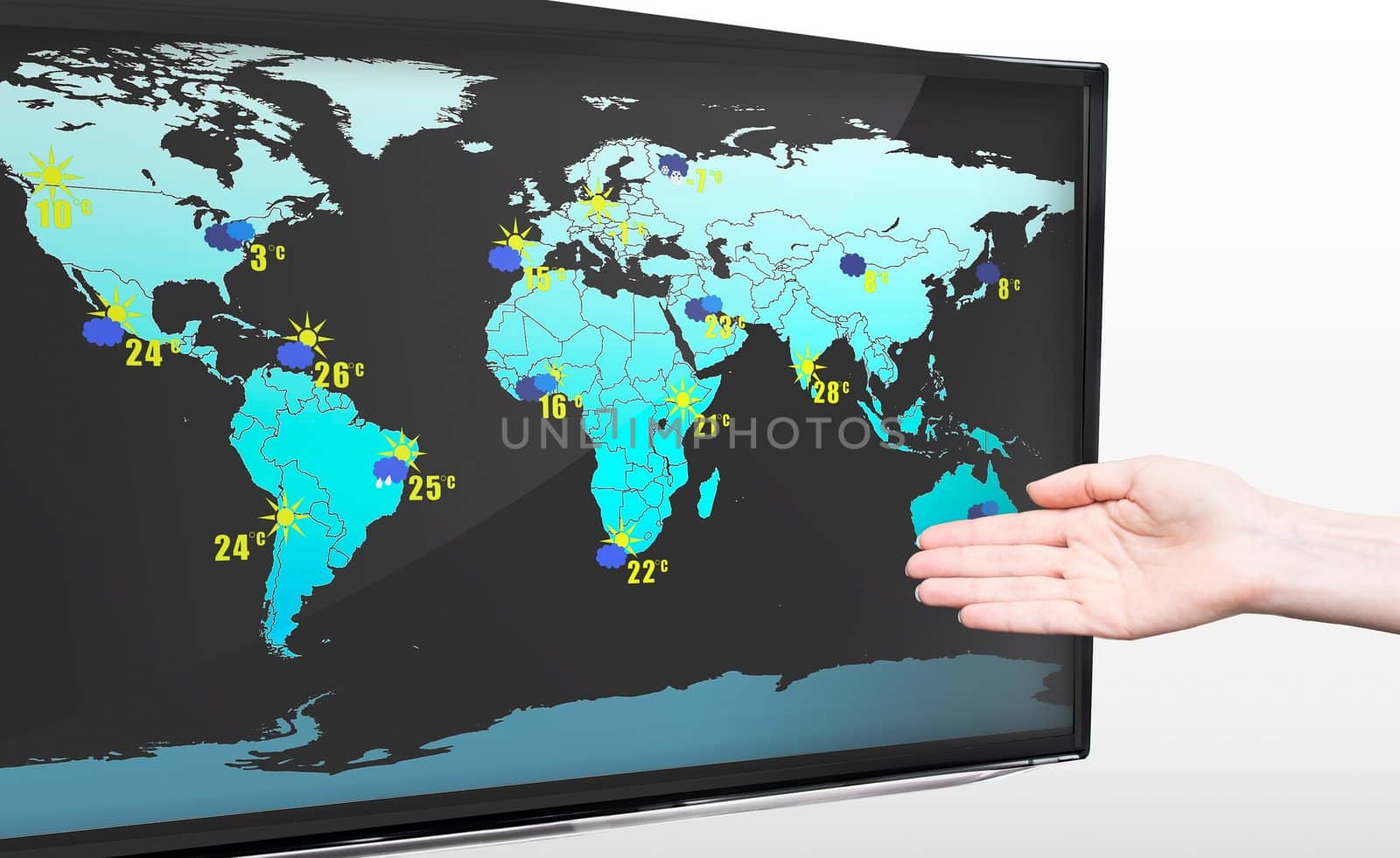 Hand showing weather forecast on modern TV screen