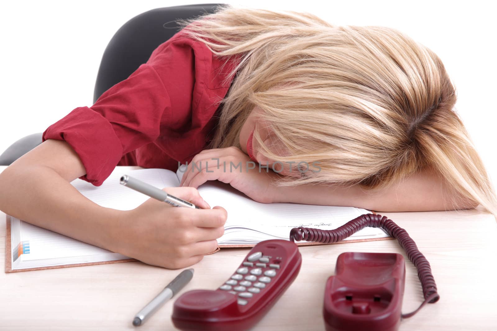 Blond office girl sleeping