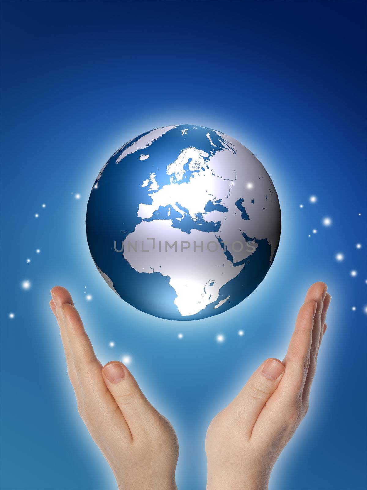 world or globe in your hands on blue background