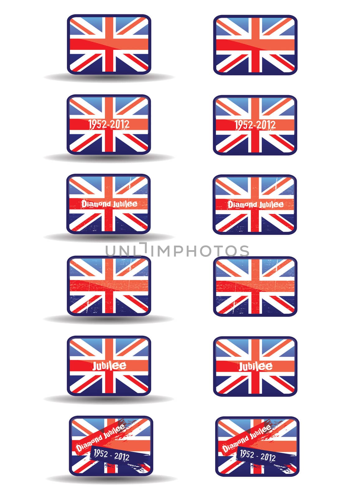 A set of twelve web buttons with a jubilee theme. Buttons with text and a grunge style effect set over the union jack flag. An additional set without a shadow effect to base. For web or print use.