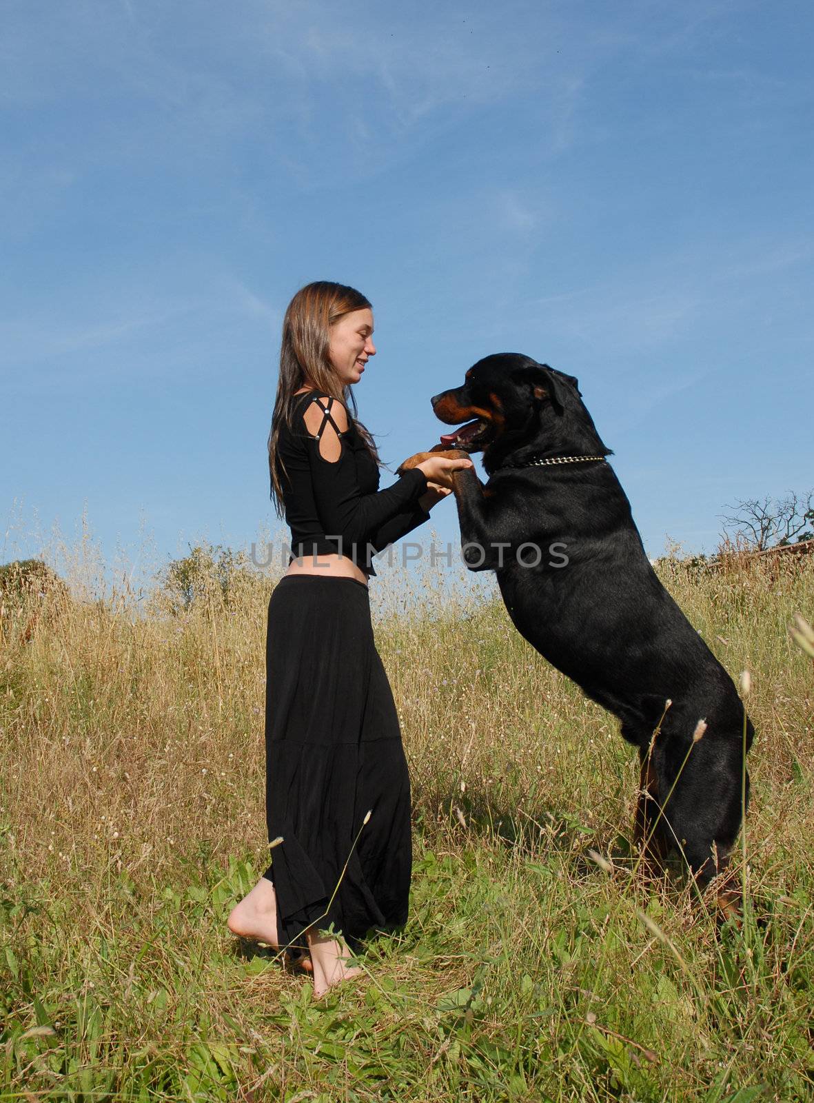young girl and her best friend purebred rottweiler upright