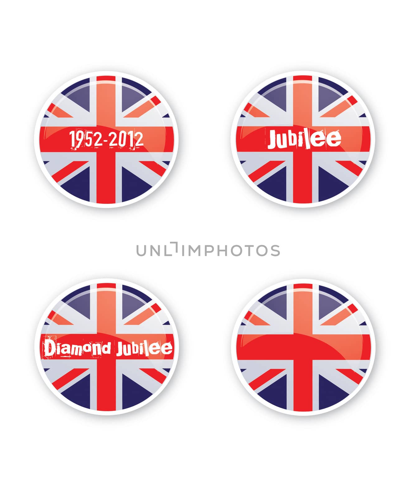 A set of four round or circular jubilee themed navigation buttons. Set with text over the union jack flag. Ideal for web use or other.