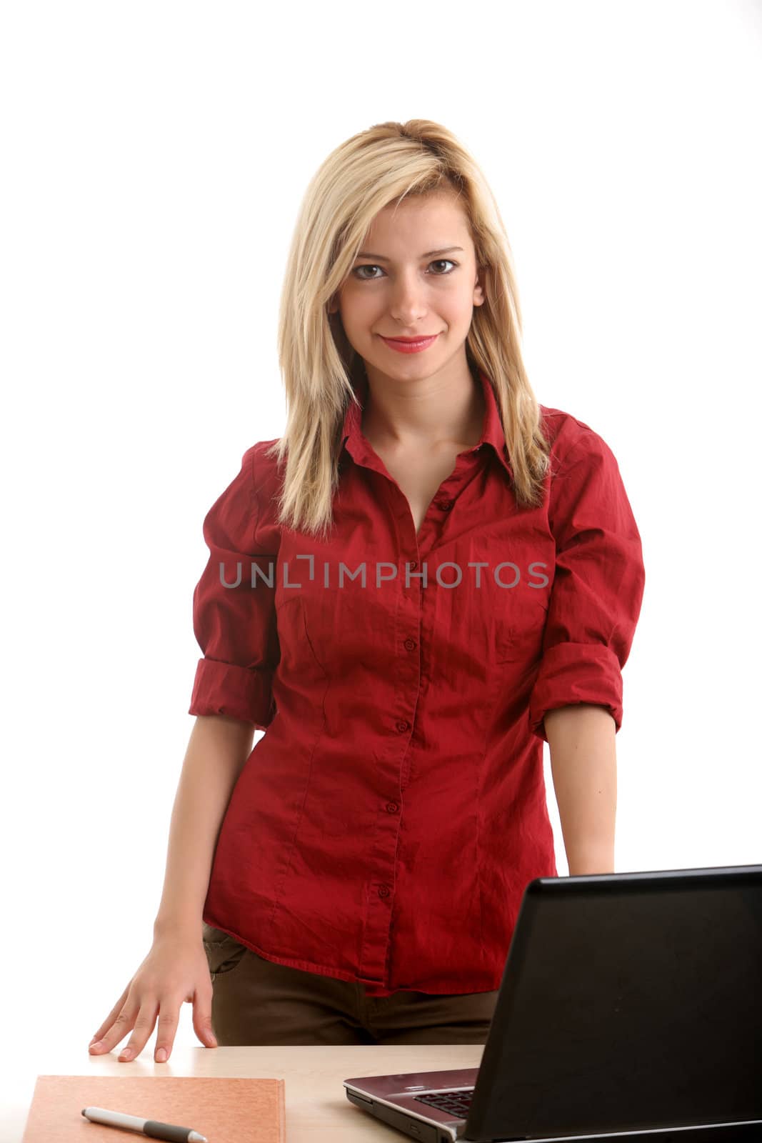 Blonde girls in office near desk