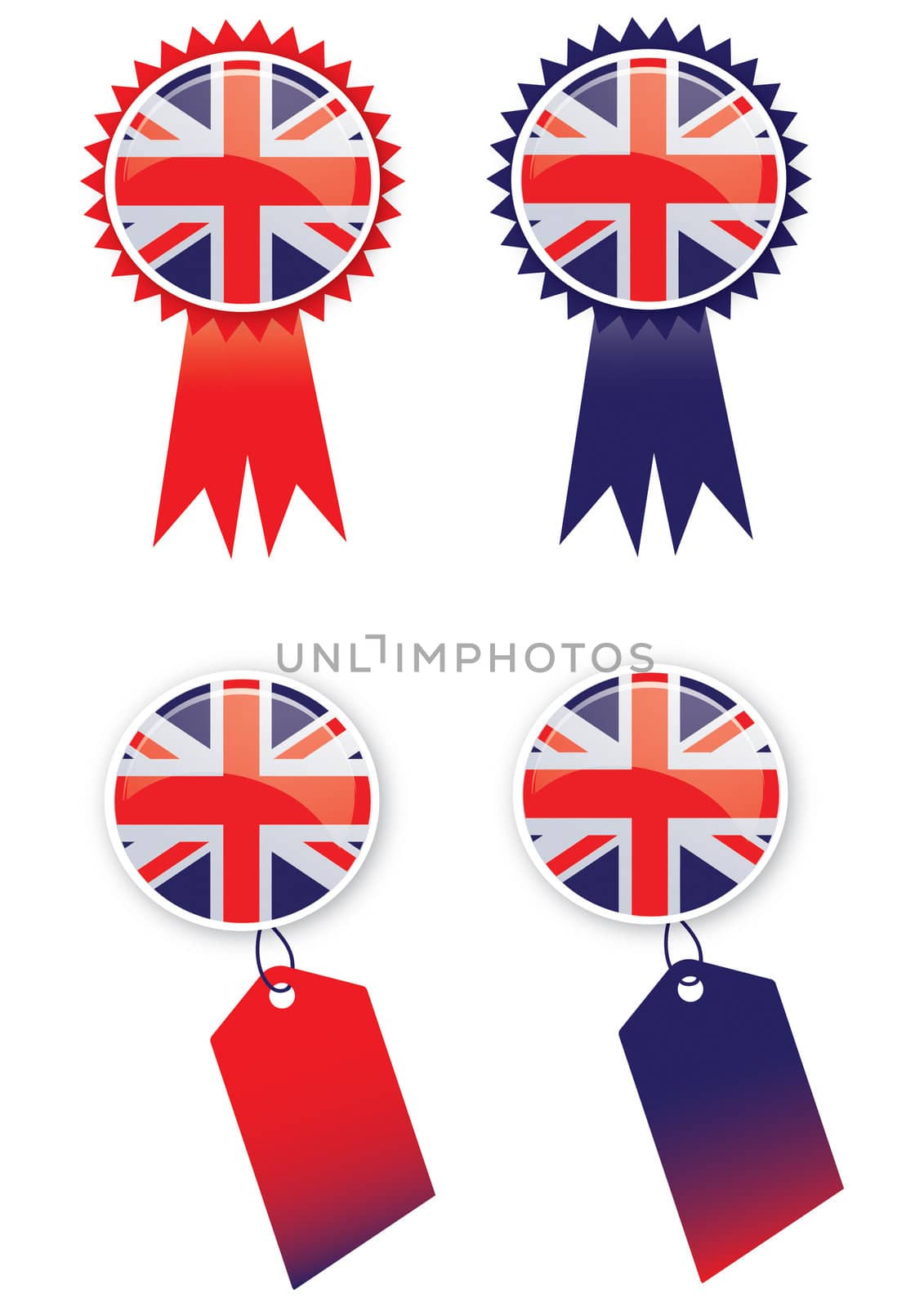 A set of four tags with a rosette and tag theme with glass effect buttons using the union jack flag. Ideal for web or print use.