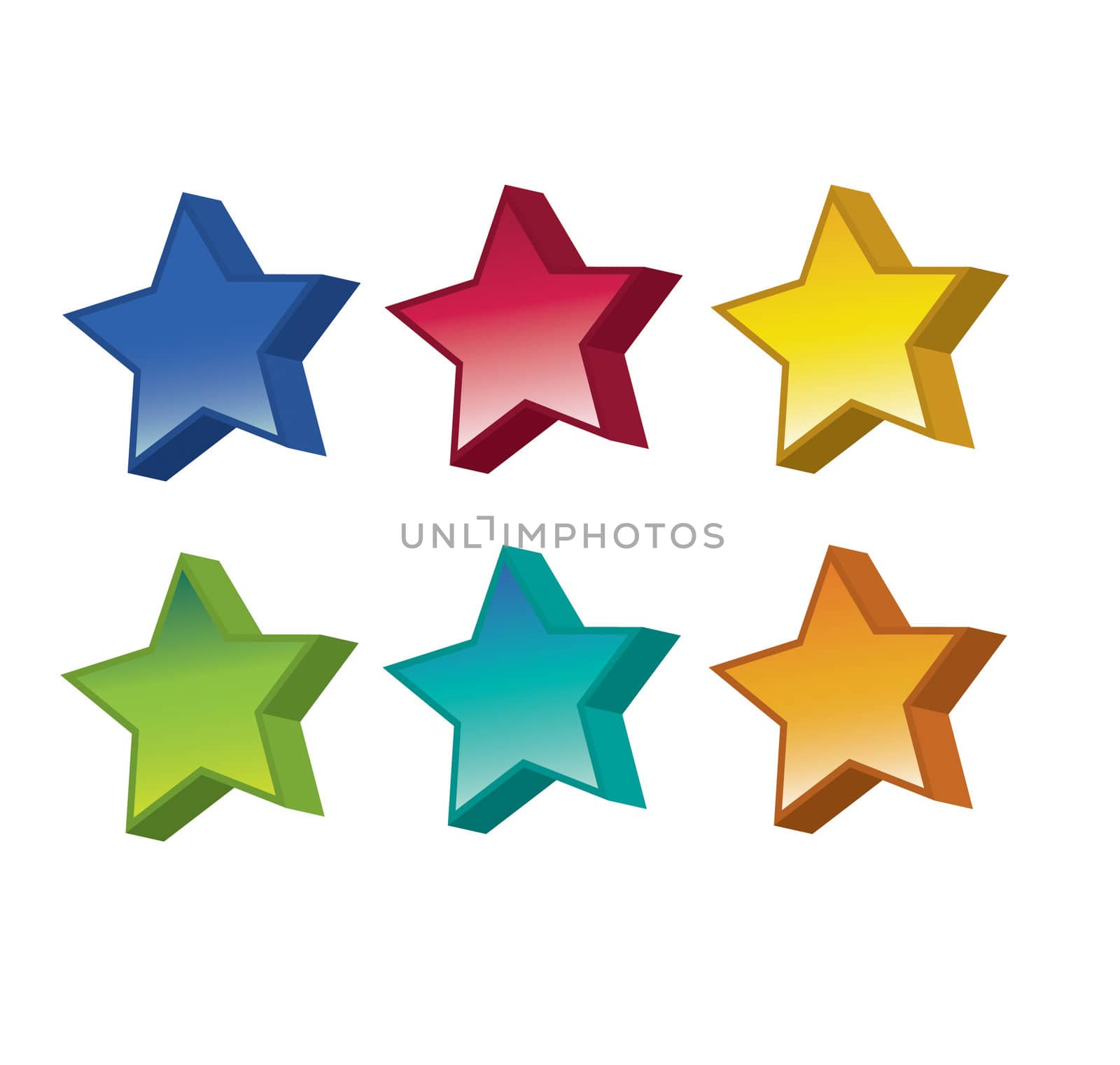 A set of six star shaped web icons or buttons set in a 3d format in various colours.