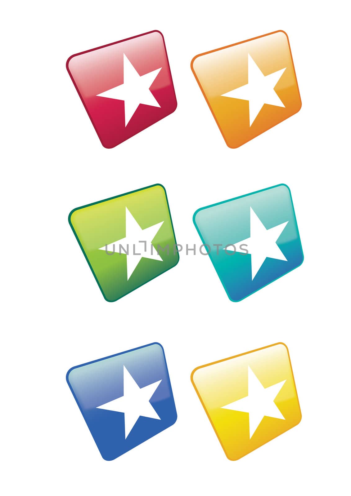 A set of six white star based web icons or buttons. Set on a rotated axis in various colour ways. For web or print use.