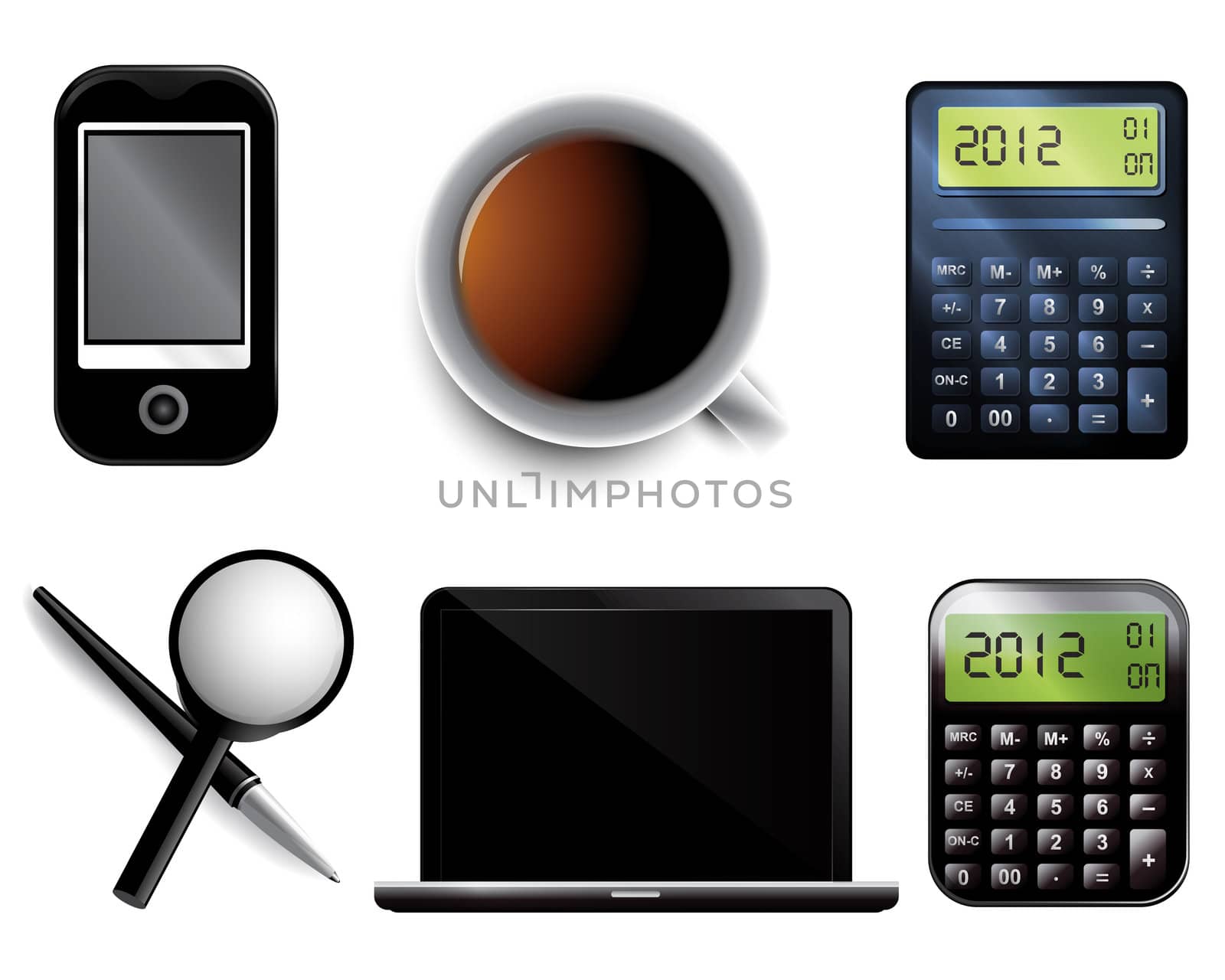 Set of Business icons including pen mobile laptop magnifier calculator and cup of tea.