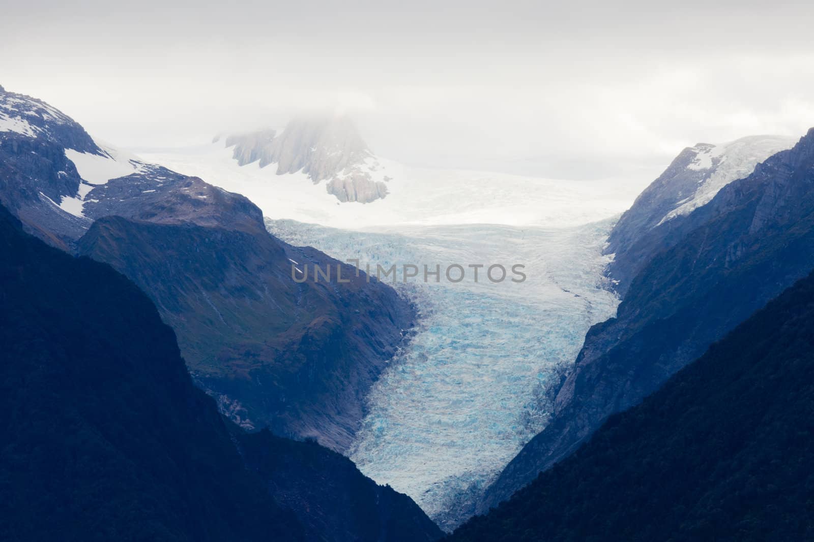 Large glacier icefield tongue of Fox Glacier, South Island, New Zealand