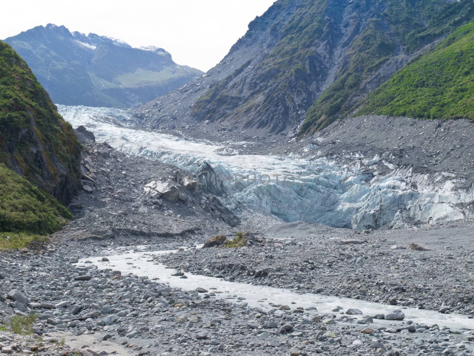 Large glacier icefield tongue of Fox Glacier, South Island, New Zealand