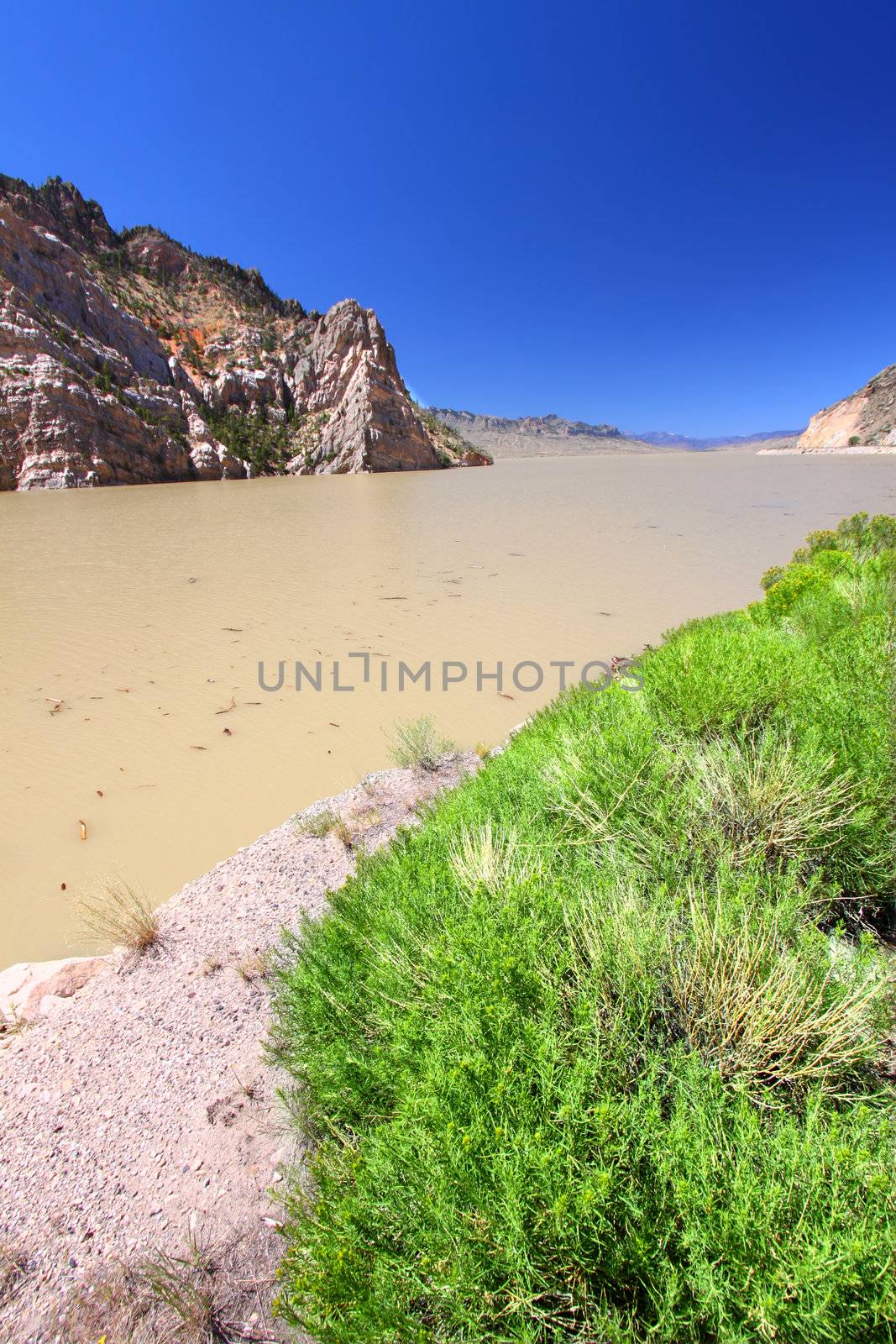 Muddy waters in the Buffalo Bill Reservoir on the Shoshone River of Wyoming.