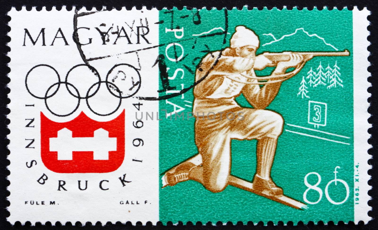 HUNGARY - CIRCA 1963: a stamp printed in the Hungary shows Rifle Shooting on skis, Winter Olympic sports, Innsbruck 64, circa 1963